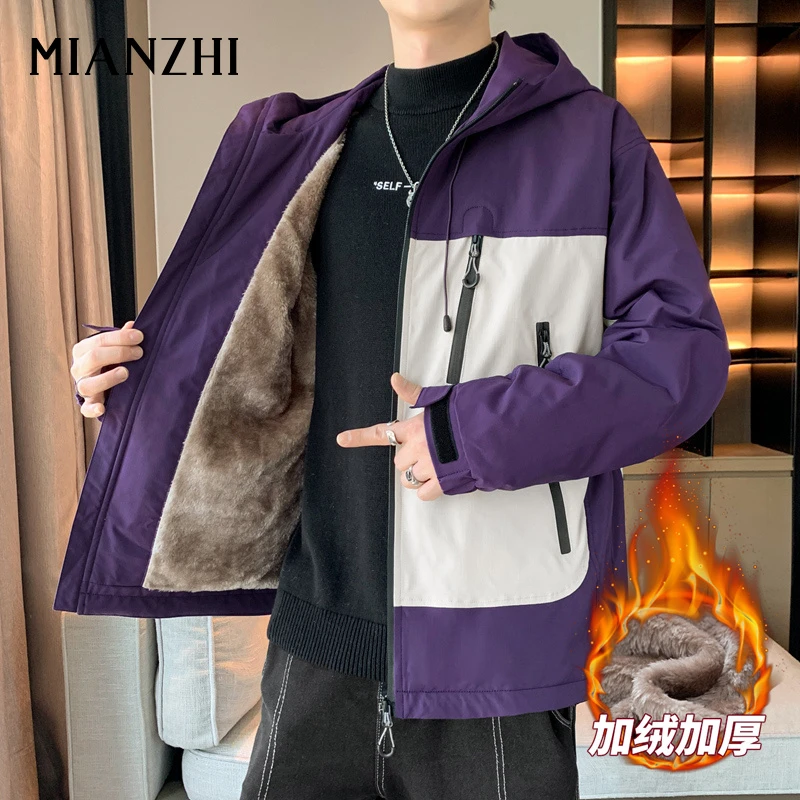 棉致夹克男加绒加厚冬季保暖撞色冲锋衣2024新款潮流休闲连帽外套