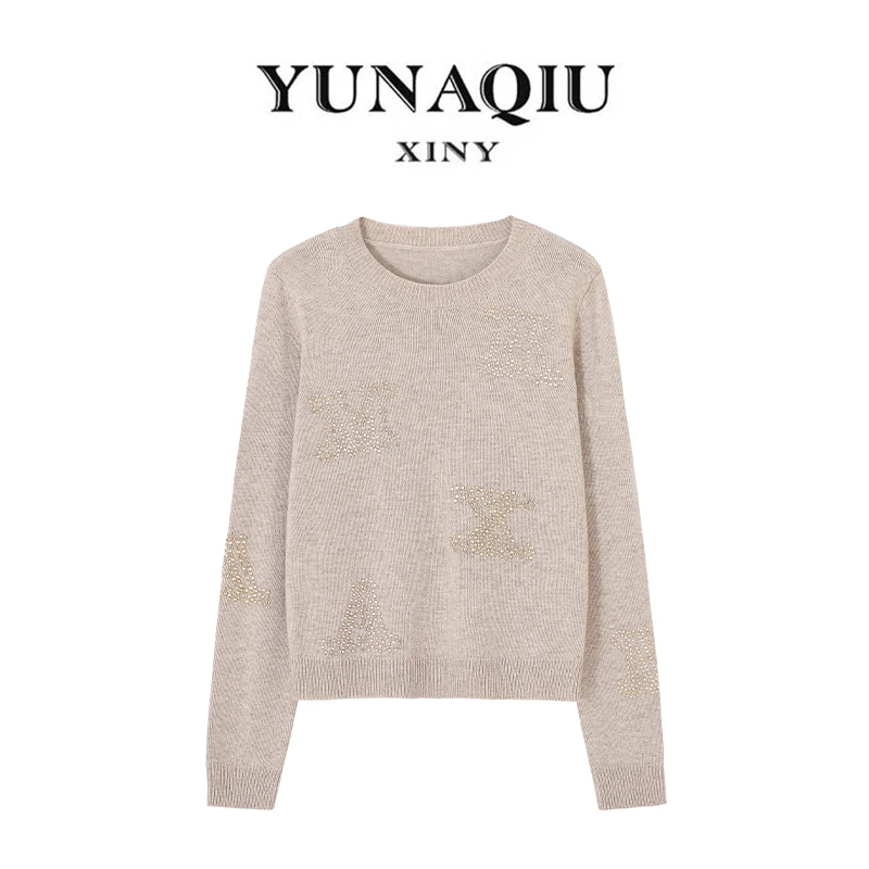 YUNAQIU时尚新款女装重工烫钻圆领宽松秋冬百搭长袖针织毛衣-3012