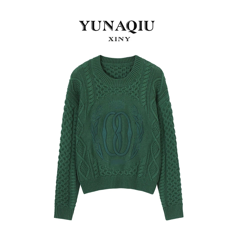 YUNAQIU女士宽松百搭绿色轻奢时尚提花套头羊毛长袖针织衫-3047