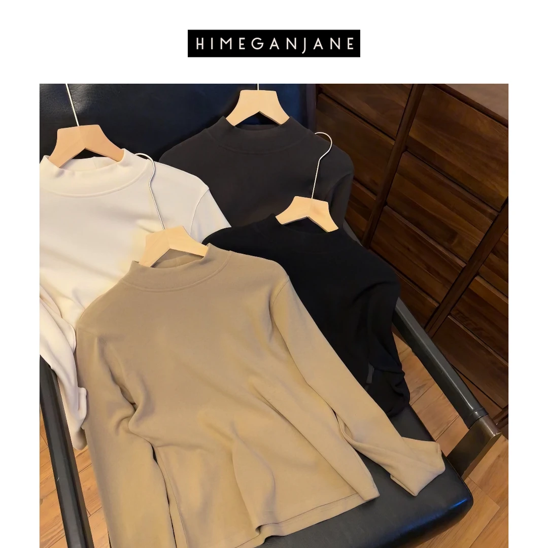 HIMEGANJANE奶丝T网红洋气时尚针织打底衫半高领螺纹长袖T恤23405