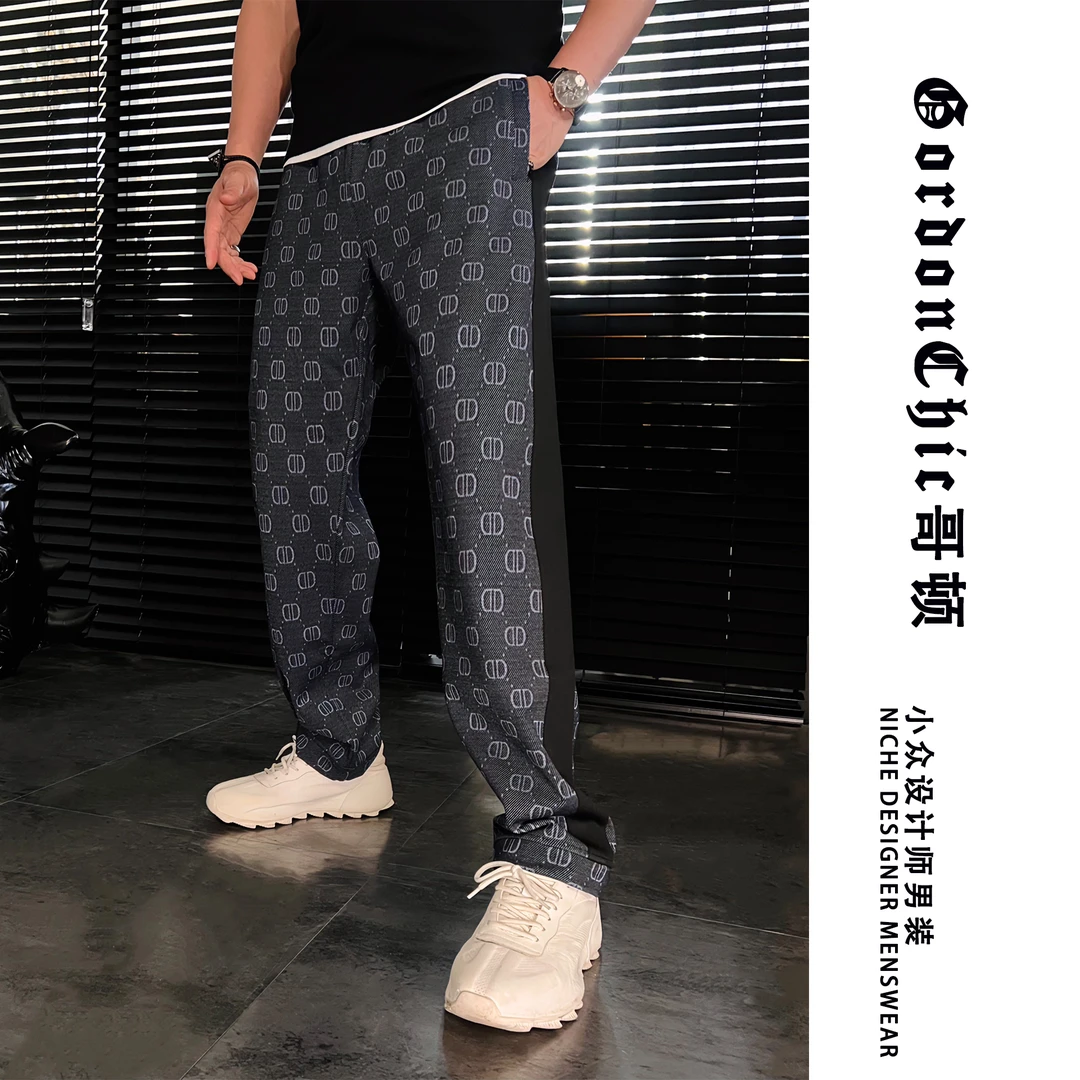 GordonChic 秋季男士卡布里蓝小众字母提花休闲裤2203032