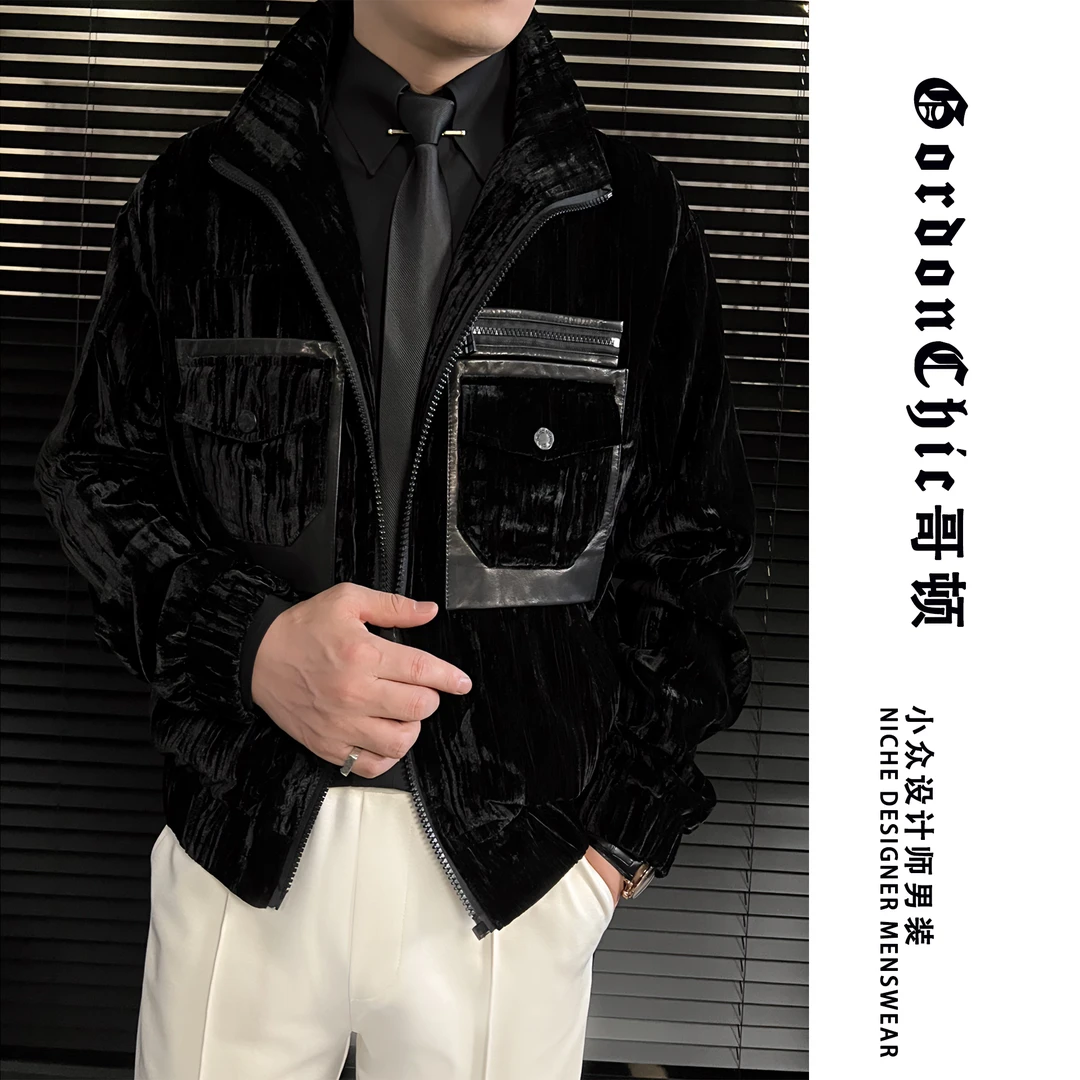 GordonChic 春季男士复古丝绒拼接羊皮立领休闲夹克2217513