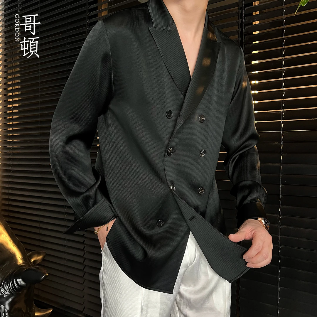 GordonChic 春夏男士醋酸泡泡纱薄款双排扣西服长袖上衣28083B
