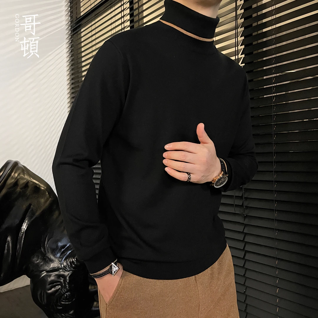 GordonChic 秋冬男士高领砖红色镶边时尚极简羊毛衫230051