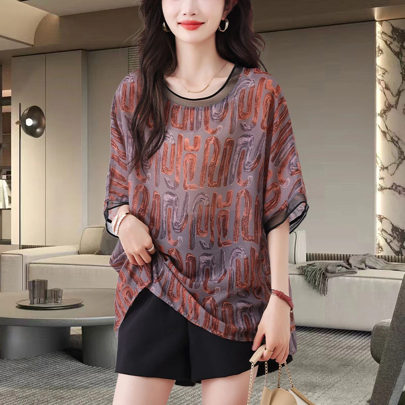 大码时尚宽松印花雪纺衫2025夏季新款显瘦洋气休闲百搭遮肚子小衫