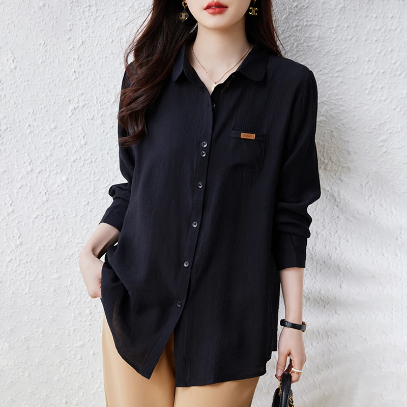 2025秋季新款长袖黑衬衫女长袖宽松设计小众翻领休闲时尚上衣