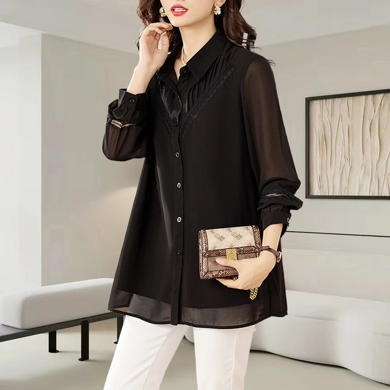 法式黑色长袖衬衫大码女装2025新款高级感洋气别致宽松拼接上衣秋