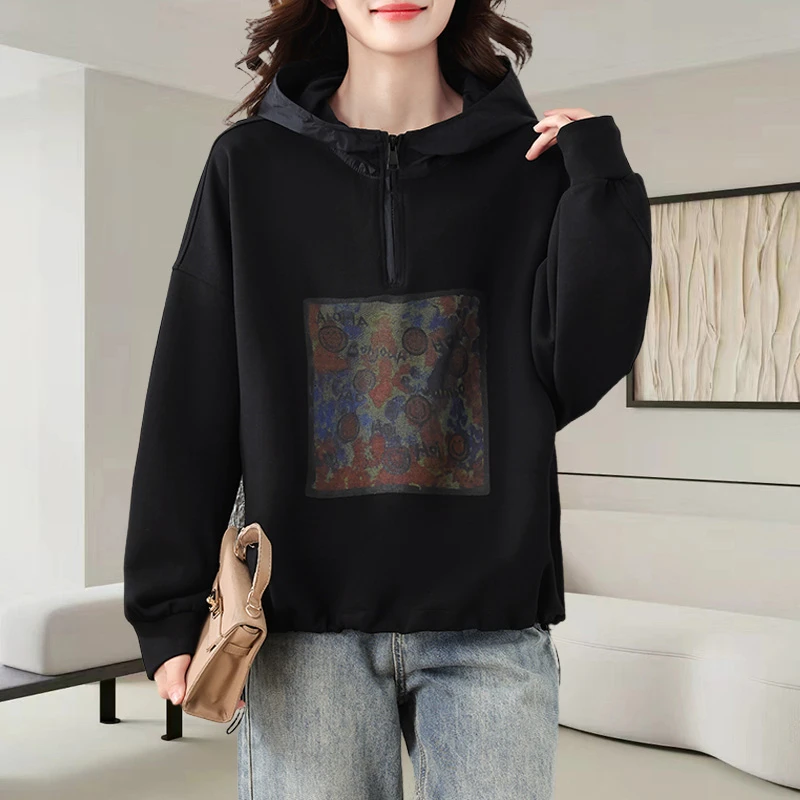 复古印花连帽卫衣女装2025新款秋季大码宽松减龄时尚休闲长袖上衣