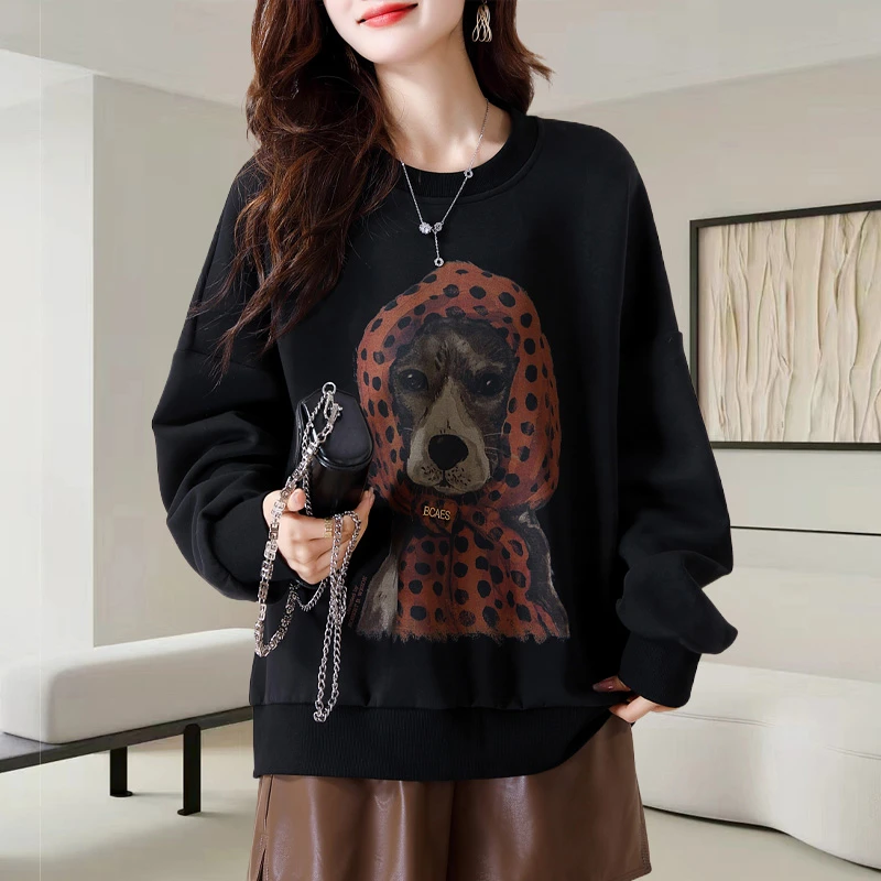 减龄印花套头卫衣大码女装2025秋冬新款打底衫宽松慵懒风长袖上衣