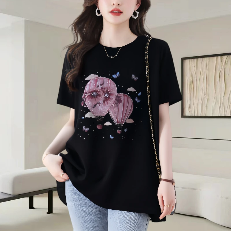黑色短袖t恤女夏季2025新款时尚宽松大码洋气遮肚子显瘦体恤上衣