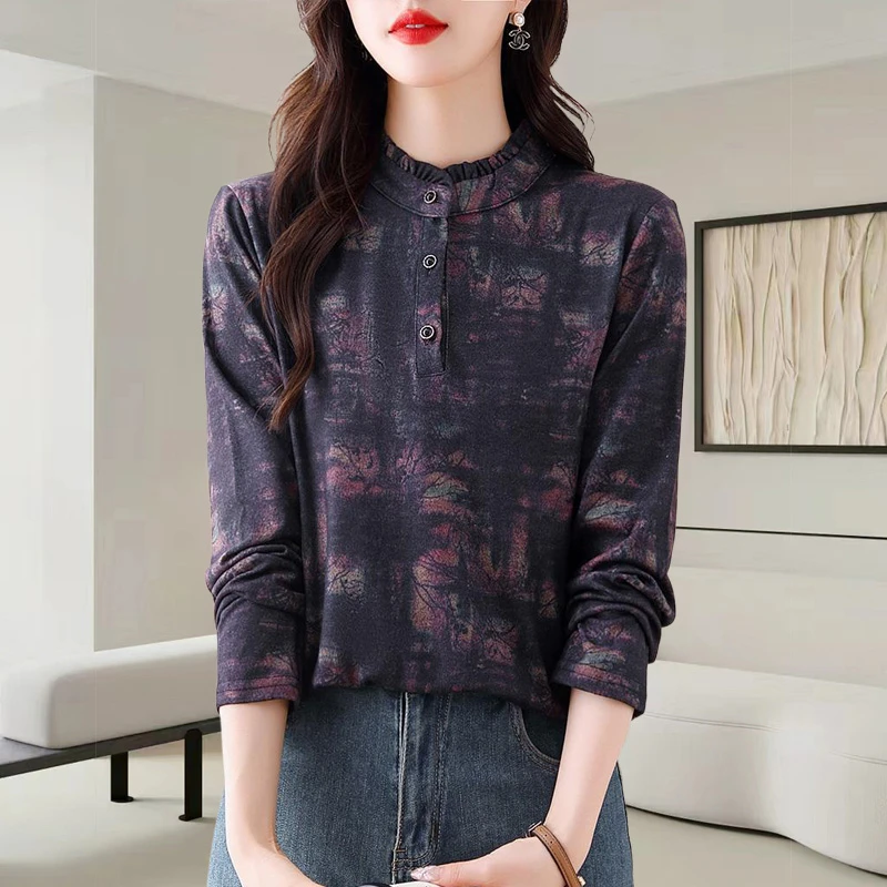洋气印花拼接长袖衬衫大码女装2025秋季新款蕾丝立领法式打底上衣