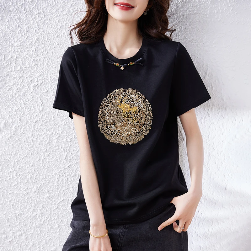 新中式盘扣黑色短袖T恤女2025新款洋气印花半袖上衣宽松短款体恤