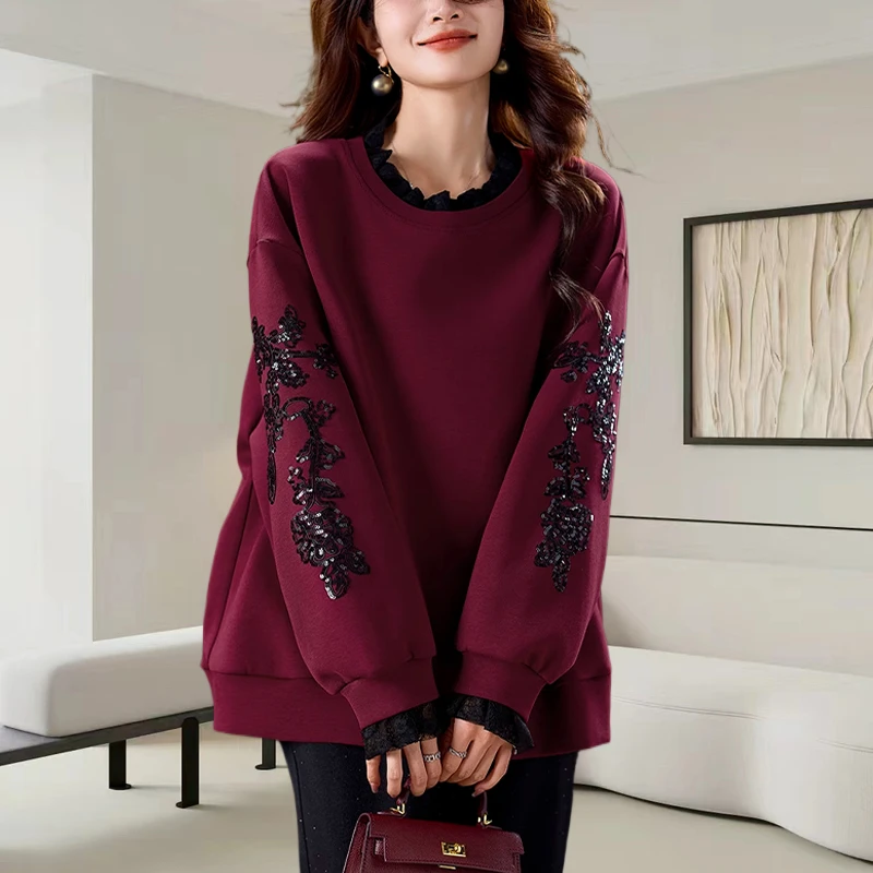 时尚拼接刺绣女士卫衣2025秋冬季新款大码宽松休闲显瘦洋气质上衣