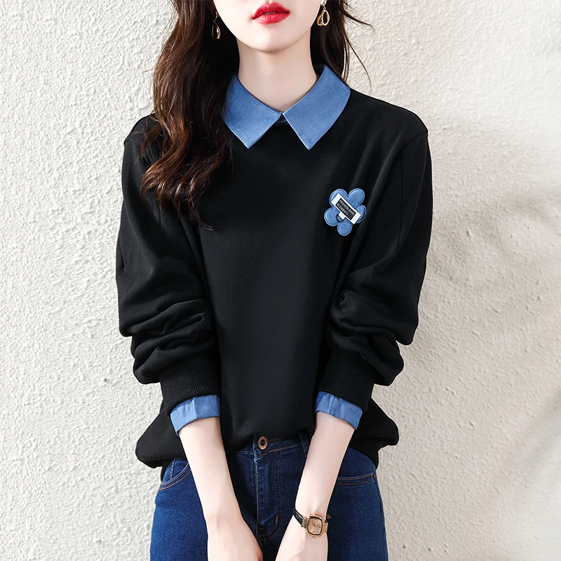 黑色假两件卫衣女2023新款秋季韩版宽松长袖Polo领设计感上衣女