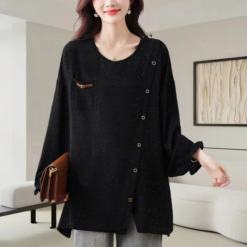 T恤小衫大码女装2024早秋新款时尚韩版纽扣开叉设计感休闲宽松上