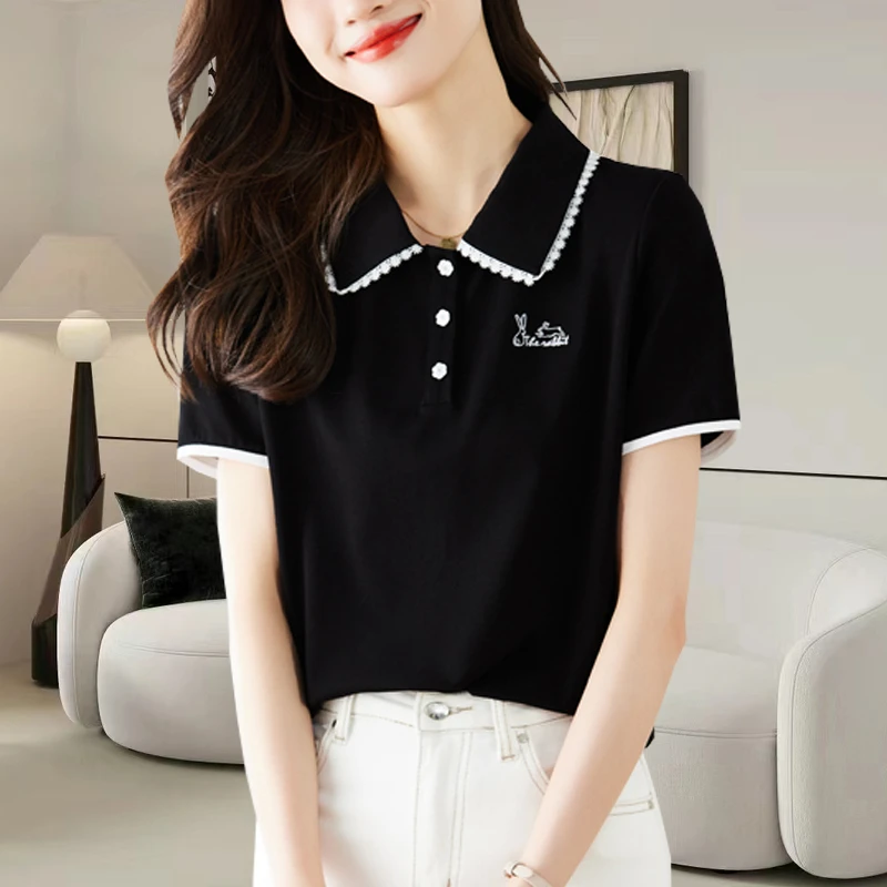 黑色翻领短袖T恤女夏2025新款时尚洋气设计感正肩体恤Polo衫上衣