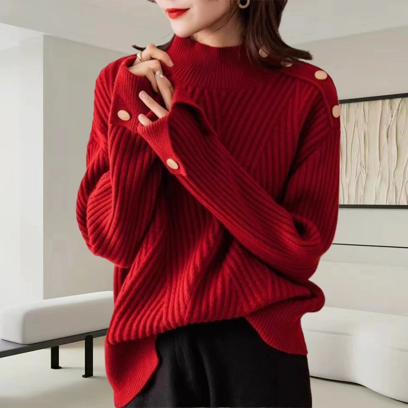 半高领红色毛衣女2025秋冬新款高端洋气宽松慵懒风针织衫打底上衣