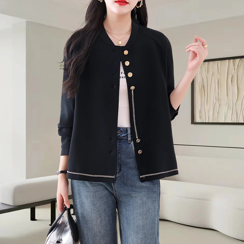 时尚黑色气质小香风外套女2025早秋季新款大码宽松休闲长袖上衣