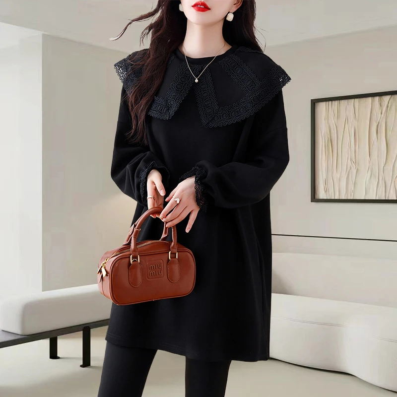 蕾丝娃娃领卫衣大码女装2025新款洋气减龄设计感中长款宽松上衣秋