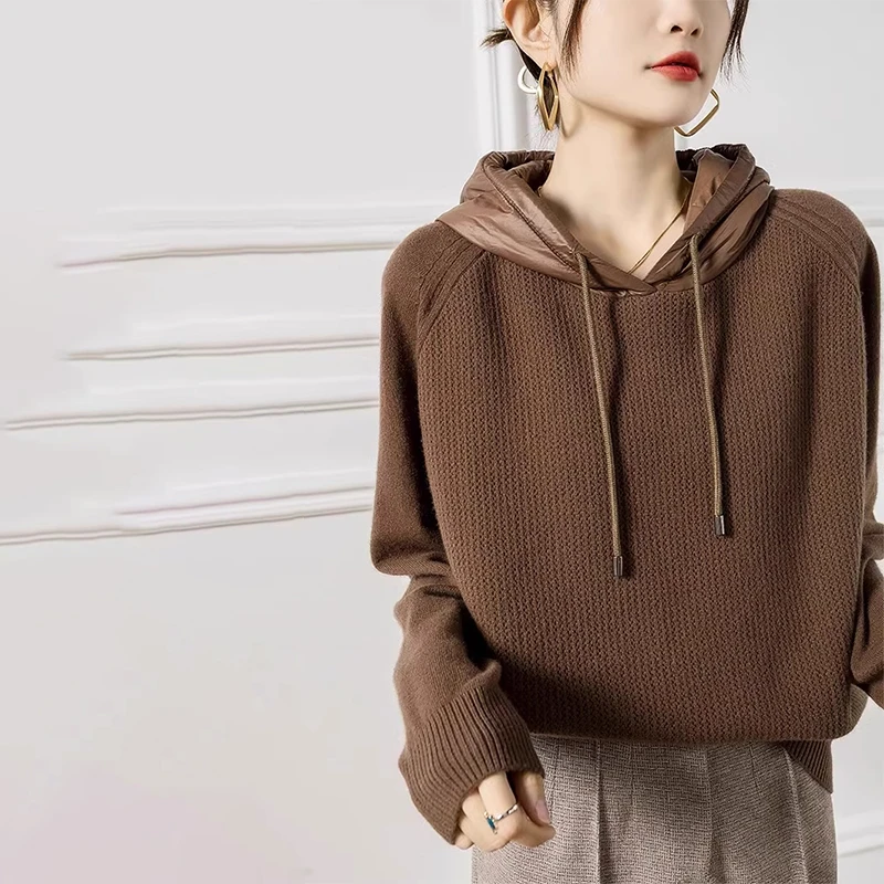 女士毛衣2025秋冬新款欧货洋气拼接慵懒宽松外穿连帽套头针织毛衣