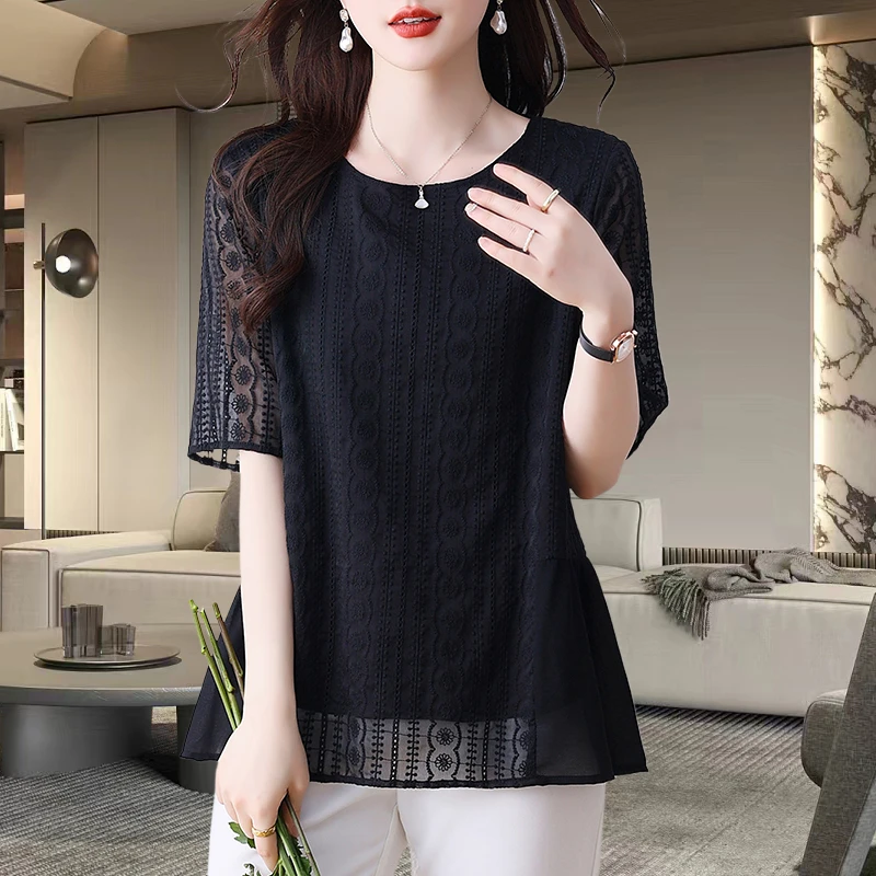 时尚肌理感纯色雪纺衫2025夏季新款大码显瘦宽松休闲减龄气质小衫