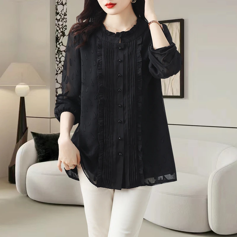 洋气显瘦黑色提花雪纺衫女夏季新款大码女装衬衣法式轻熟风上衣