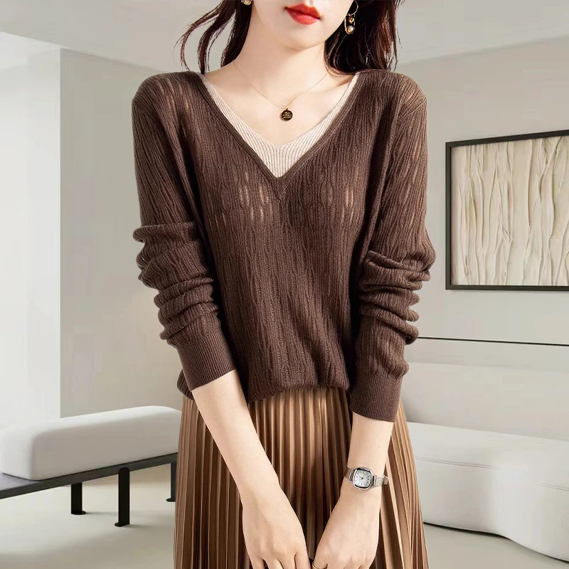 高级感女士针织衫2025秋冬季新款大码宽松休闲显瘦V领假两件上衣