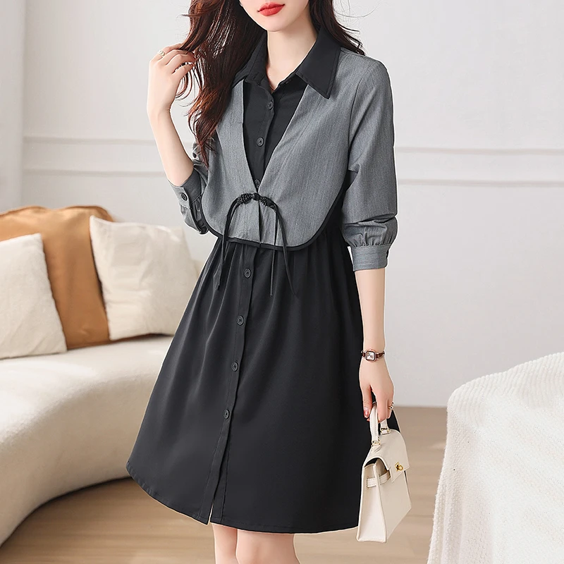 新中式国风Polo领拼接假两件连衣裙秋季新款收腰显瘦宽松中长裙女