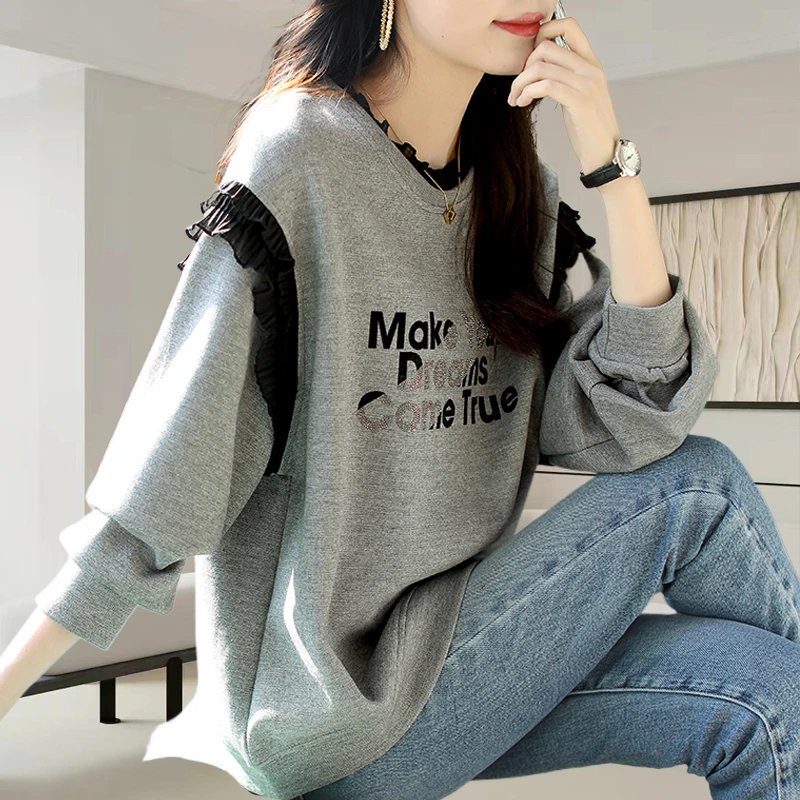 设计感烫钻女士卫衣2025早秋季新款大码宽松休闲圆领字母印花上衣