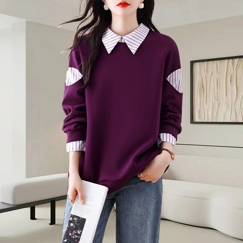 时尚大码女装假两件卫衣2025早秋季新款宽松休闲显瘦设计感上衣