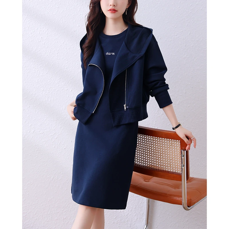 气质高级感斜拉链连帽两件套女2025秋新款休闲简约设计感减龄套装