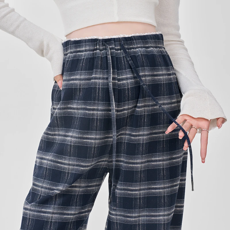 孕妇裤子秋冬季外穿加厚复古格子阔腿裤无托腹直筒裤冬装2024新款