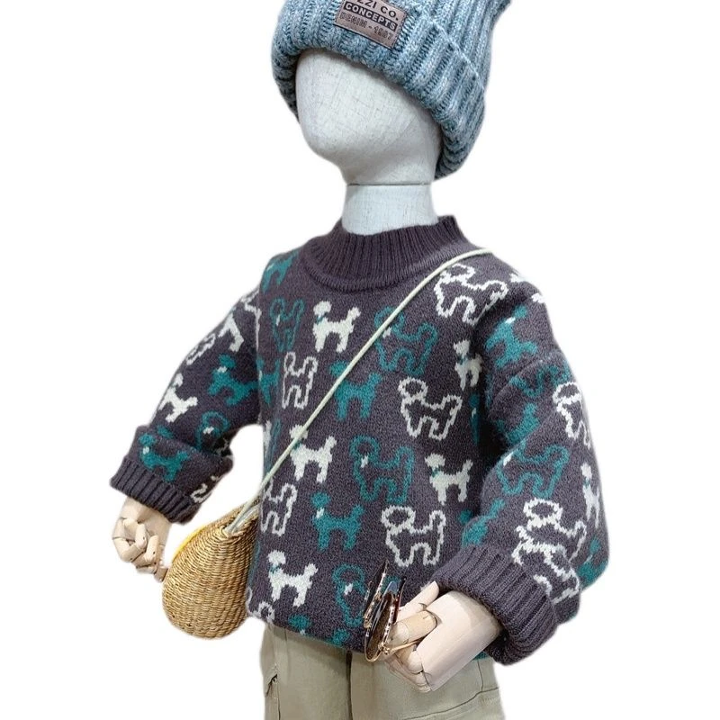 儿童一体绒毛衣男童加绒针织衫宝宝秋冬款套头加厚小童卡通线衣潮