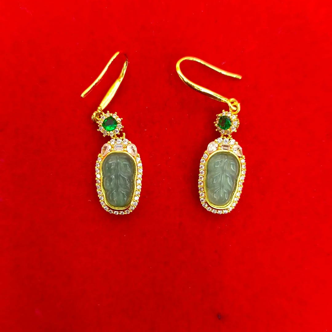 【梦梦专属】【证书+精美礼盒】时尚合金镶嵌翡翠耳钩树叶款DE23357