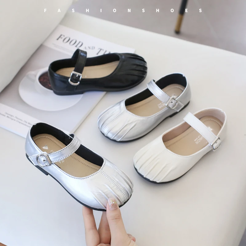 舒适升级2024春夏女童浅口防滑玛丽珍银色简约中大童软底时尚皮鞋