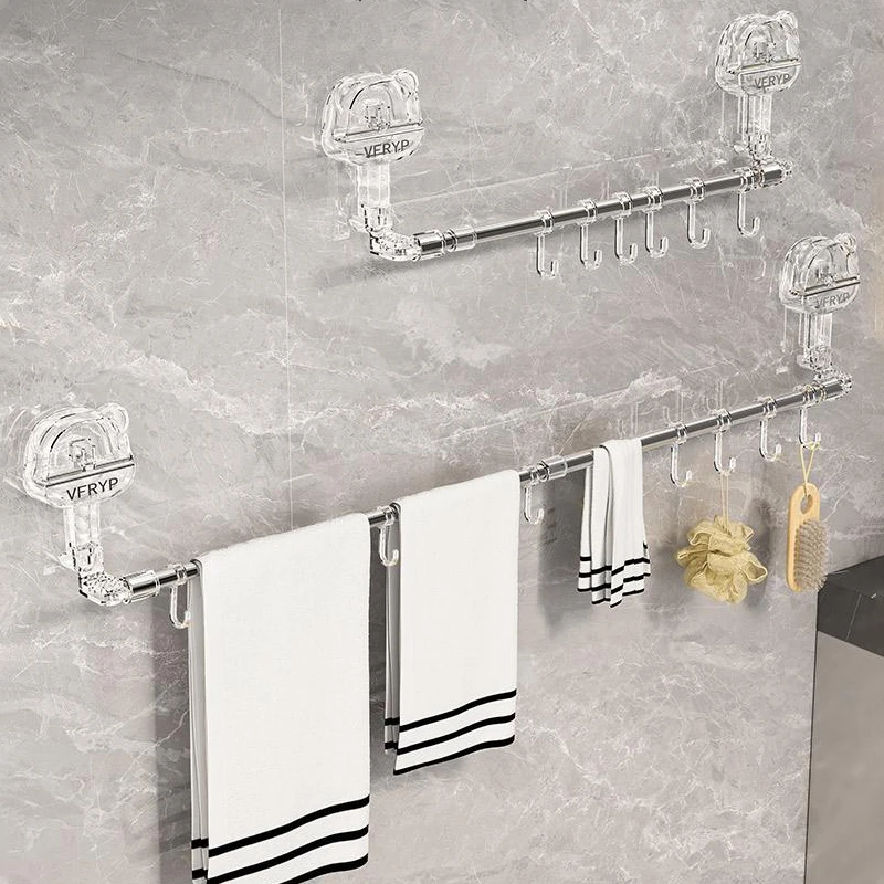 小熊吸盘伸缩挂架家用卫生间免打孔浴室壁挂浴巾毛巾挂钩收纳架