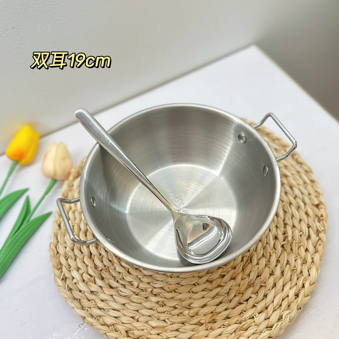 304韩式泡面碗特大号19CM食品级不锈钢煮面碗带耳朵螺蛳粉碗配勺