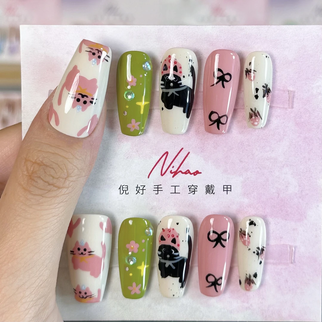 Nihao家抹茶草莓猫手工穿戴甲【no退no换】