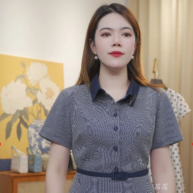 蓝格子衬衫裙气质优雅连衣裙