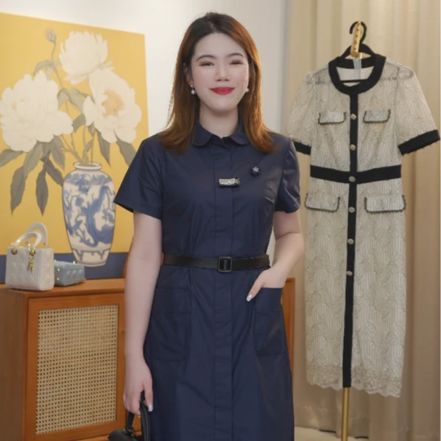 【清仓】藏蓝色立体小花衬衫裙