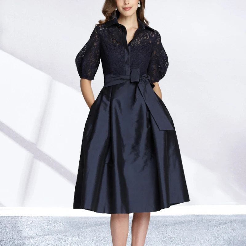 【清仓】藏蓝色POLO领蕾丝拼接连衣裙