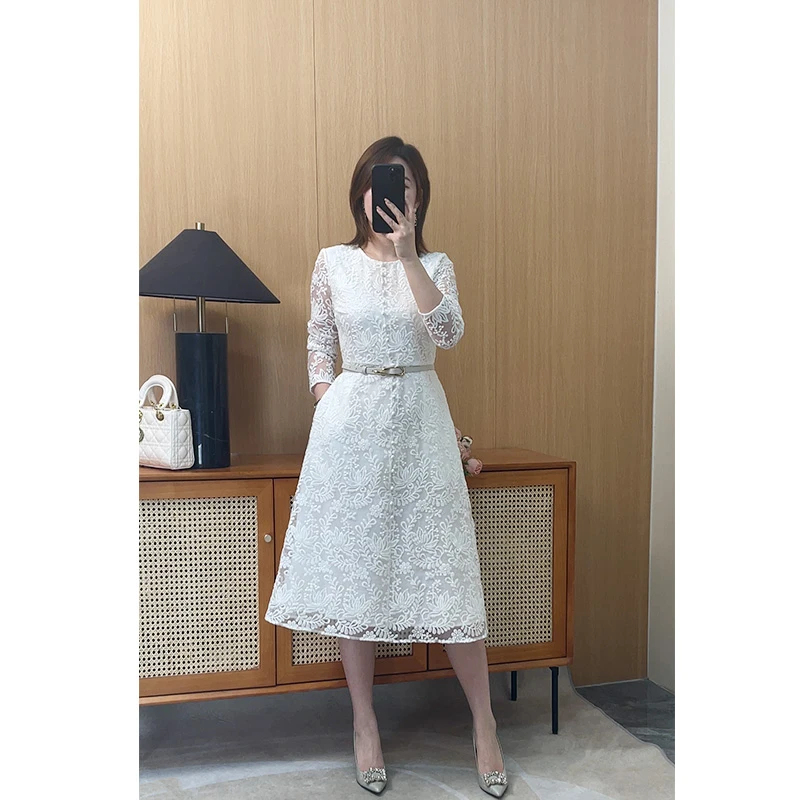 【清仓】【做九分袖】气质蕾丝女装连衣裙春季新款法式优雅收腰A字裙