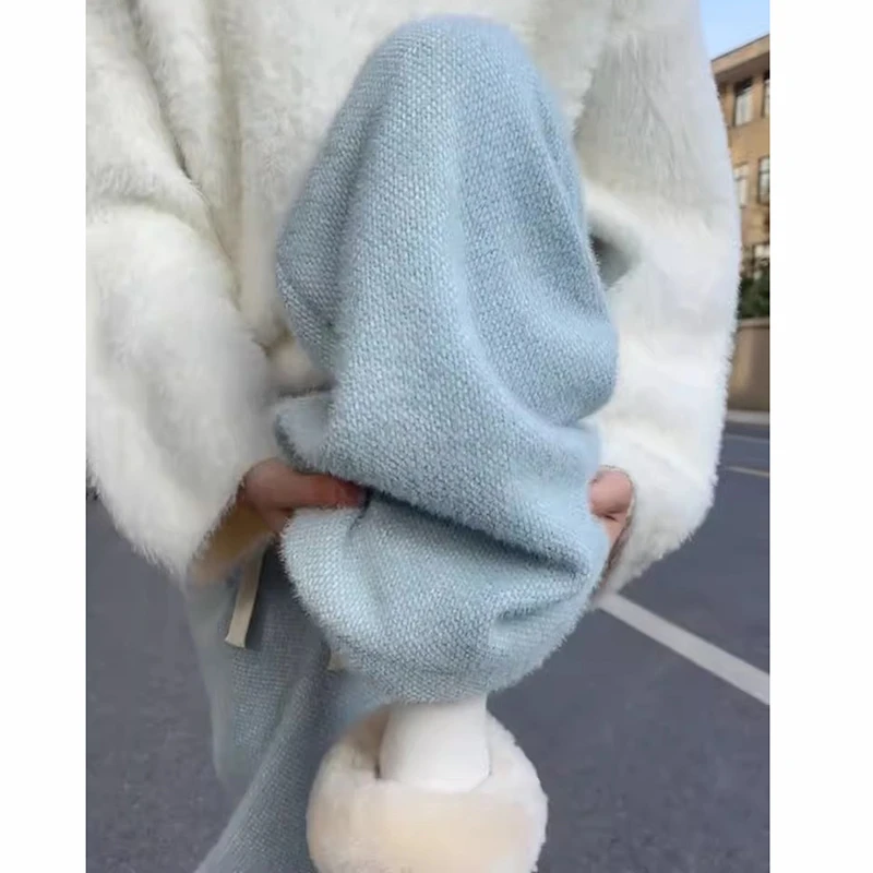 孕妇蓝色针织糯米裤2024新款阔腿裤宽松水貂毛休闲垂感打底裤女