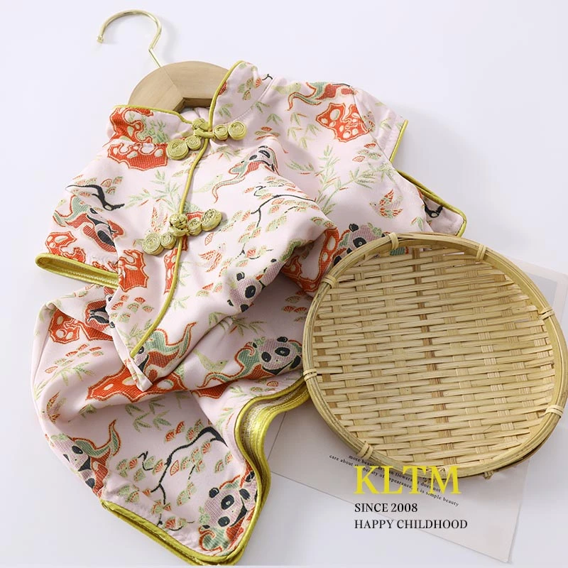 女童薄款夏季宝宝熊猫中国风儿童短袖裙古典唐装仿真丝缎面旗袍裙