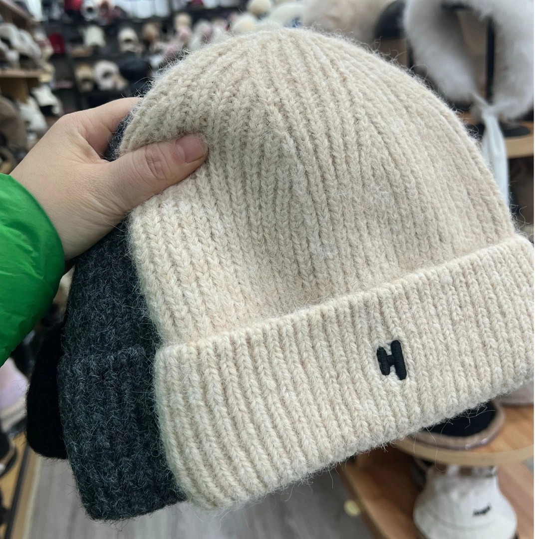 小H字母毛线帽 加厚加绒 女冬季保暖包头帽大头围显脸小针织帽