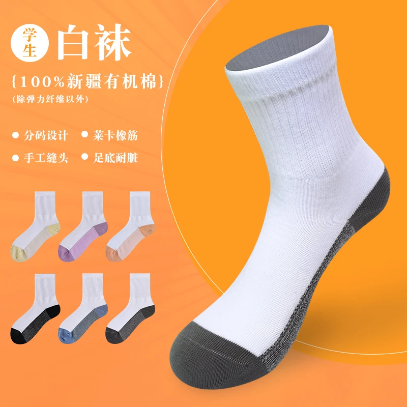 学生白袜子春秋儿童袜子有机棉足底耐脏无骨运动中筒袜男童女童袜