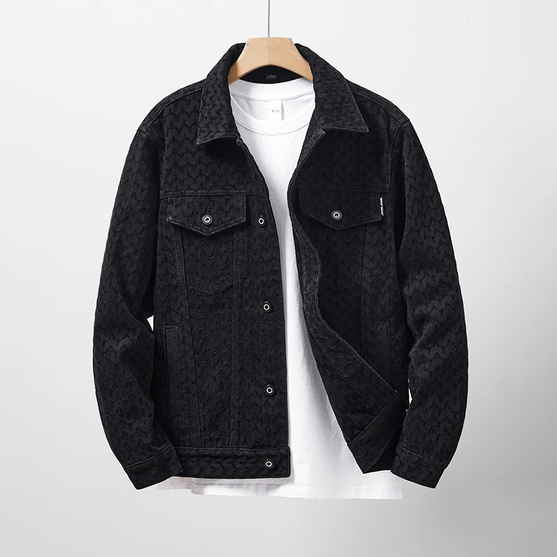 2024纯黑提花简约男士牛仔外套男大码时尚休闲宽松潮流翻领春秋季