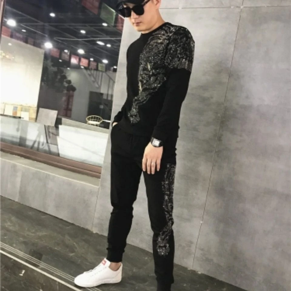 男士欧美轻奢潮流休闲套装春秋新款时尚烫钻长袖卫衣两件套潮牌