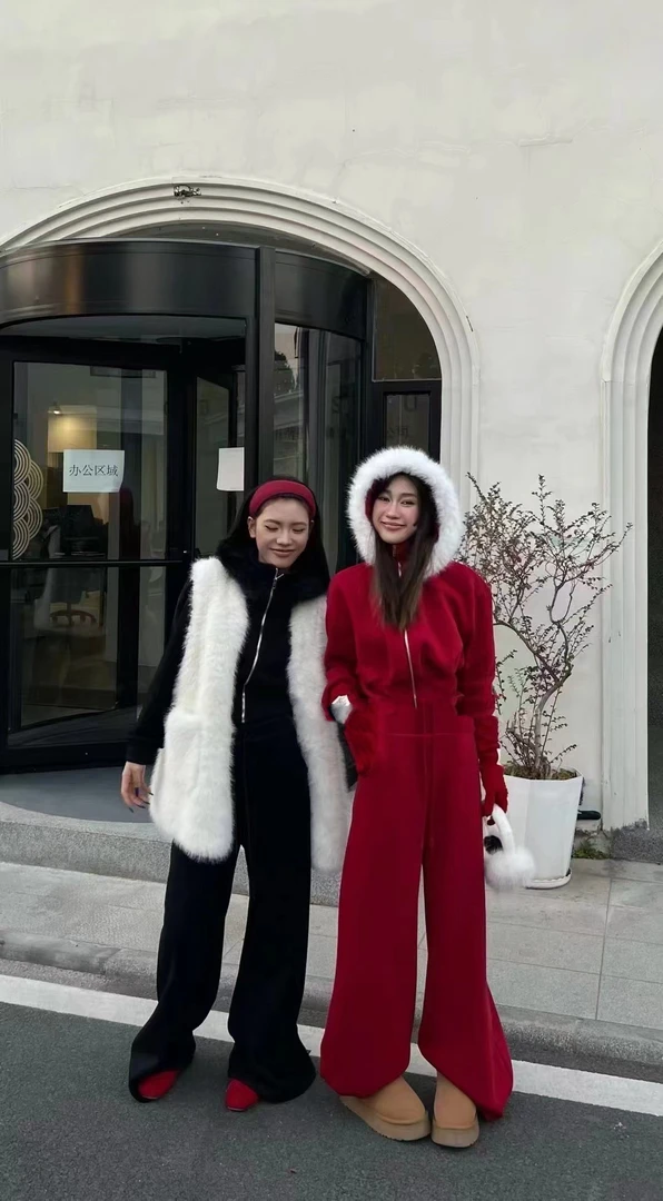 设计师加绒毛毛连帽时尚卫衣套装红色圣诞节冬季百搭保暖休闲