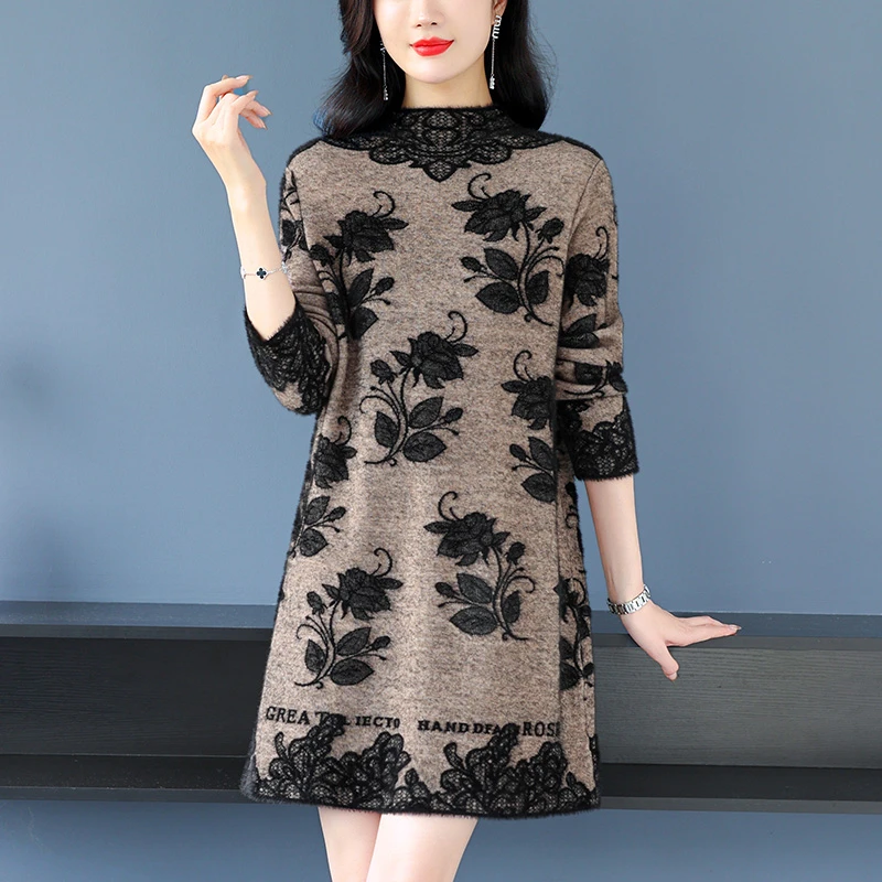 中长款毛衣裙秋冬新款复古洋气针织连衣裙大码遮肚子妈妈打底裙子